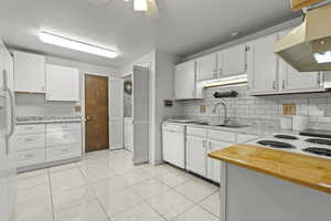Kitchen featuring under cabinet range hood, white appliances, and white cabinets