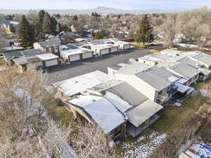 Aerial view of residential area with a mountain backdrop