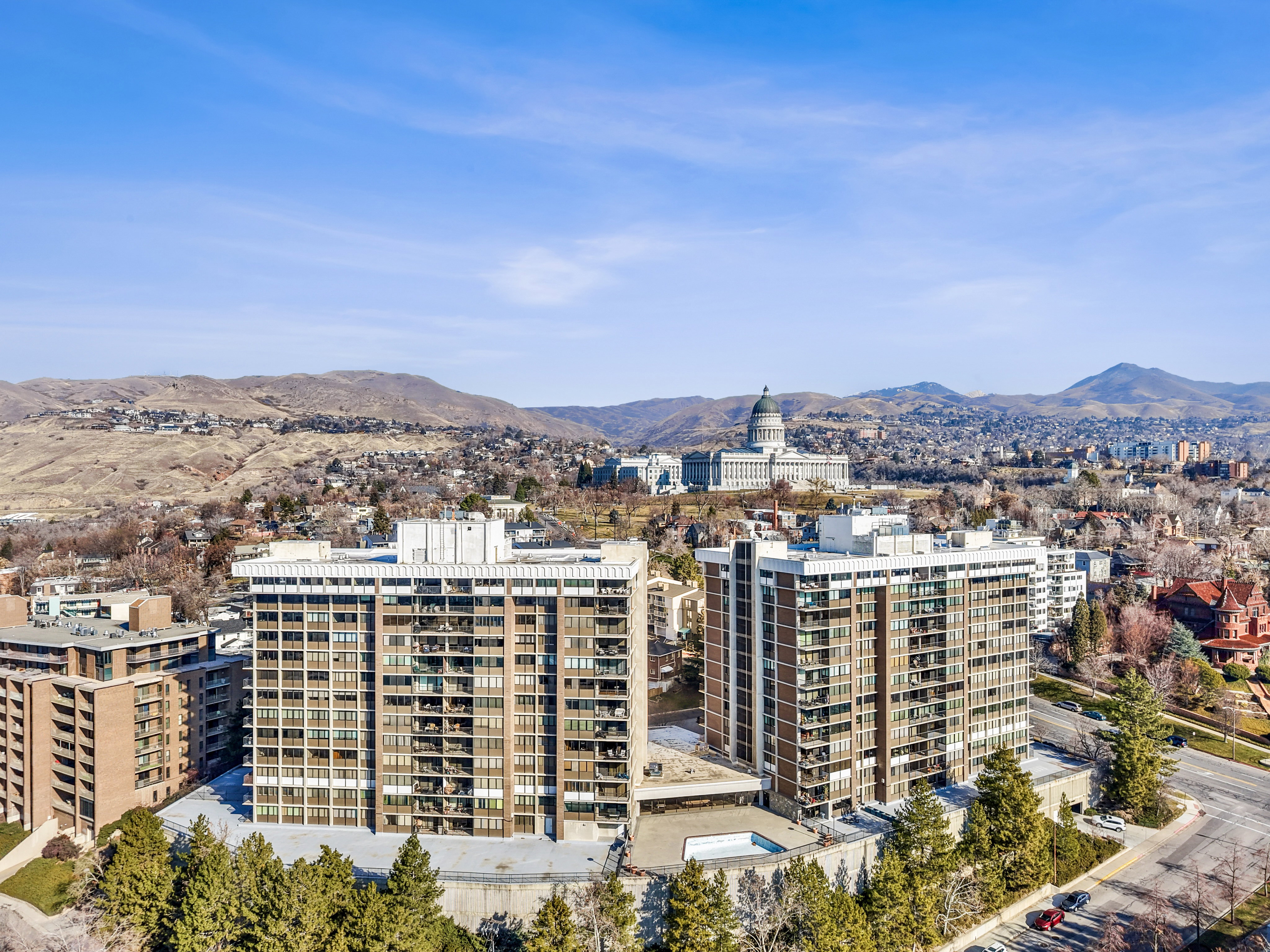 View of urban area with a mountain backdrop