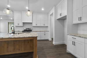 Kitchen with decorative backsplash, white cabinetry, light stone countertops, stainless steel stove, and dark wood-style floors