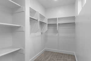 Walk in closet with light colored carpet