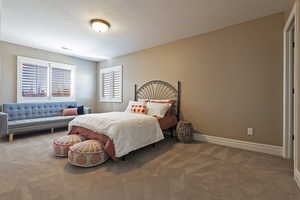 Bedroom featuring carpet and baseboards