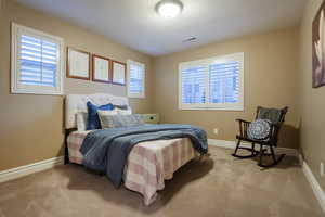 Bedroom featuring light carpet and multiple windows