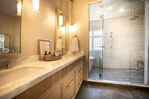 Bathroom with a stall shower, double vanity, and a freestanding bath