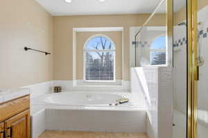 Bathroom featuring a shower stall, healthy amount of natural light, a garden tub, and vanity
