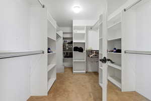 Master bedroom walk in closet featuring light carpet