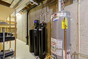 Utility room with strapped water heater, water softener and two furnaces.