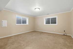 4th bedroom with light carpet and ornamental molding