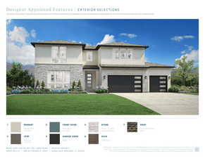 View of front of house featuring stone siding, a front lawn, an attached garage, driveway, and stucco siding