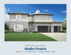 Prairie-style house with stone siding, a front lawn, stucco siding, a garage, and concrete driveway