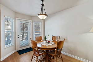 Dining room with healthy amount of natural light, light wood finished floors, and a textured ceiling