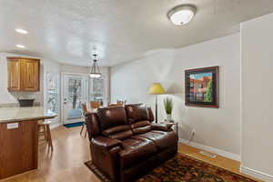 Living room featuring a textured ceiling and light wood-style flooring