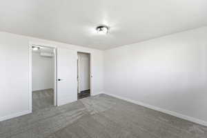 Unfurnished bedroom featuring carpet flooring and a spacious closet