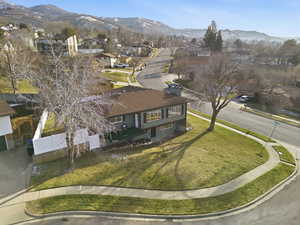 Aerial view of residential area with mountains