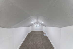 Additional living space featuring dark colored carpet, a textured ceiling, and vaulted ceiling