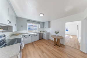 Kitchen featuring appliances with stainless steel finishes, light countertops, light wood-style flooring, and white cabinetry