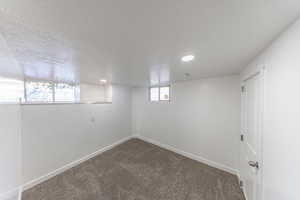 Below grade area featuring dark colored carpet, a textured ceiling, and recessed lighting
