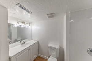 Full bathroom with vanity, a textured ceiling, and a shower