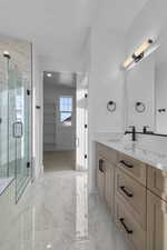 PRIMARY SUITE BATHROOM WARM CABINETS W/ QUARTZ COUNTERTOPS & DOUBE SINKS!