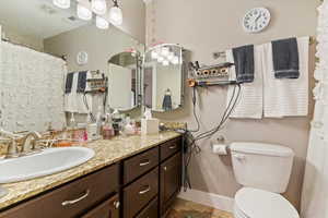 Full bath featuring curtained shower and vanity