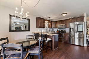 Kitchen featuring stainless steel appliances, a chandelier, dark brown cabinetry, decorative light fixtures, and dark wood finished floors