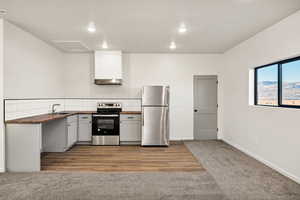 Kitchen with wood counters, stainless steel appliances, recessed lighting, white cabinets, and light colored carpet