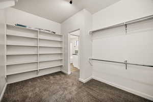 Spacious closet featuring dark colored carpet