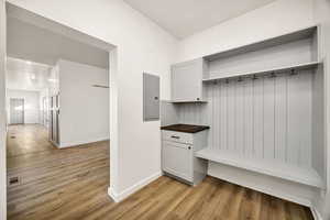 Mudroom with light wood finished floors and electric panel