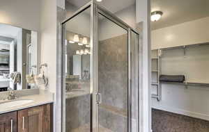 Bathroom with a walk in closet, a stall shower, vanity, ensuite bathroom, and carpet flooring