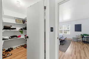 Walk in closet featuring light wood-style flooring