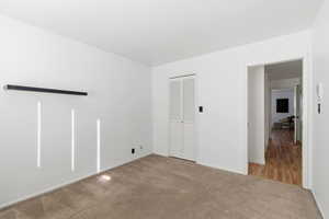 Unfurnished bedroom featuring carpet flooring and a closet
