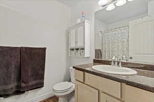 Bathroom featuring curtained shower, vanity, and dark wood-type flooring