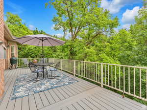 Wooden deck with outdoor dining area and area for grilling