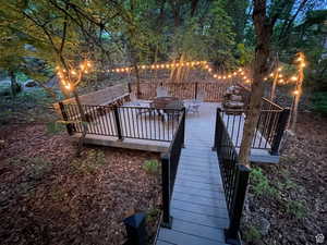 Wooden deck with an outdoor fire pit