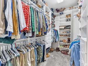 Walk in closet with light colored carpet