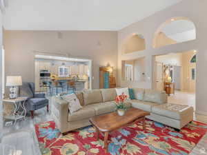 Living room with light wood-style floors and high vaulted ceiling