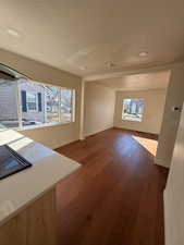 Unfurnished living room with dark wood-type flooring and a textured ceiling