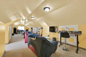 Media Room/ Loft with light colored carpet and lofted ceiling