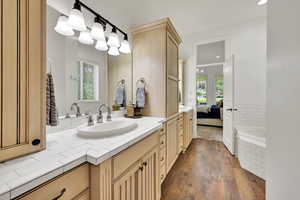 Full bathroom featuring vanity, ensuite bath, a garden tub, dark wood-style floors, and healthy amount of natural light
