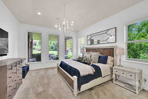 Bedroom featuring crown molding, light colored carpet, multiple windows, a chandelier, and recessed lighting