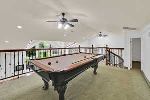 Playroom featuring lofted ceiling, ceiling fan, billiards, carpet flooring, and recessed lighting