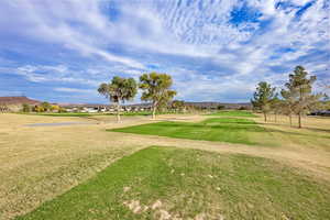 Surrounding community featuring a mountain view, a lawn, and golf course view