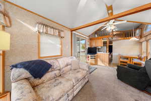 Living area with healthy amount of natural light, light colored carpet, and high vaulted ceiling
