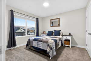 Bedroom featuring light carpet and a mountain view