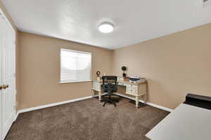 Office space featuring a textured ceiling and dark carpet