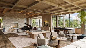 Common area with wooden ceiling