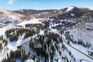 Snowy aerial view with a mountain view