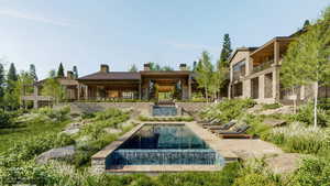 View of swimming pool featuring a patio and stairs
