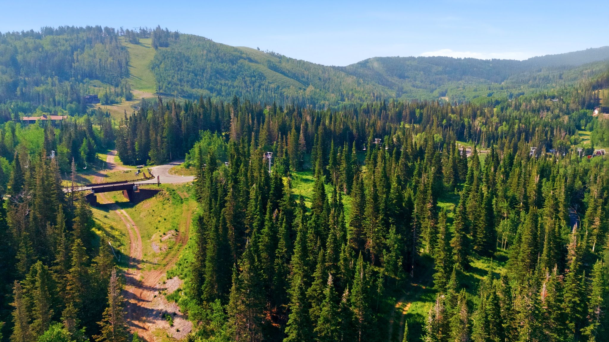 Expansive mountainous terrain featuring a dense evergreen forest, a distant ski slope, and a dirt road with an overhead bridge structure