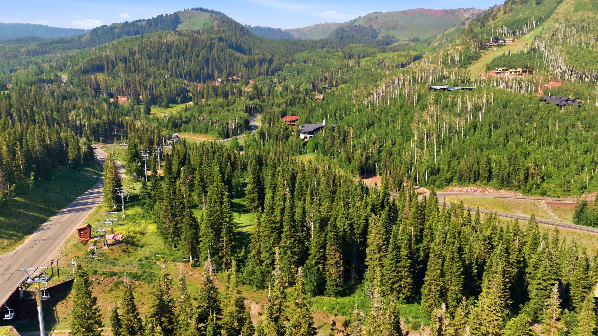 Expansive mountain landscape featuring dense evergreen forests and distant structures